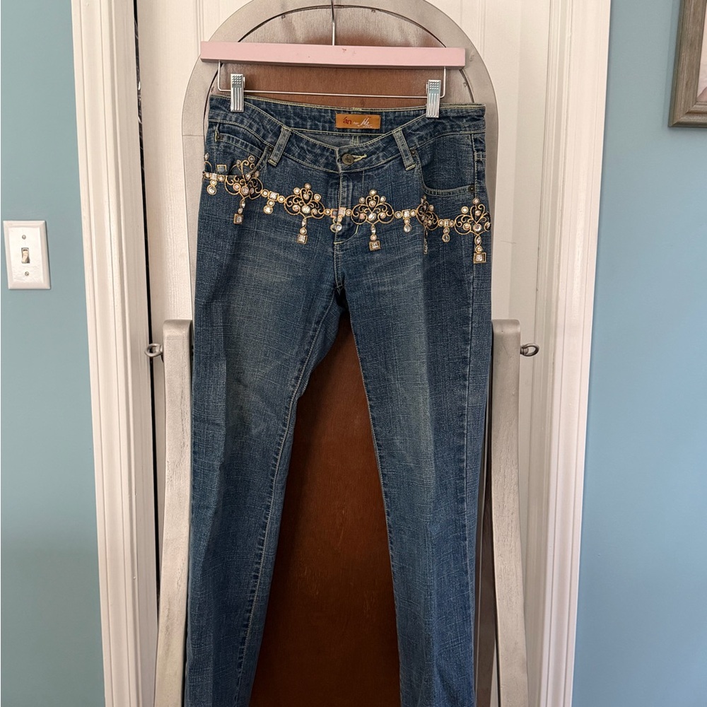 Hand painted, Swarovski crystal embellished mid rise jeans
